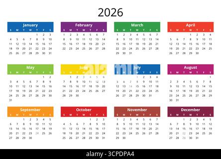 calendario a 2026 colori. Design dell'anno vettoriale inglese (la settimana inizia domenica) Illustrazione Vettoriale