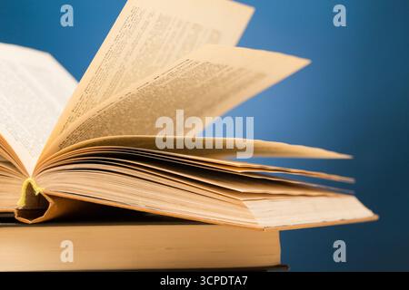 Libro aperto appoggiato su una superficie di legno con pagine che fluttuano in luce soffusa Foto Stock