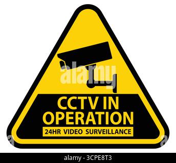 Segnale di attenzione triangolare giallo che indica la sorveglianza CCTV attiva per il monitoraggio di sicurezza. Ideale per migliorare la consapevolezza della sicurezza e la prevenzione del crimine Illustrazione Vettoriale