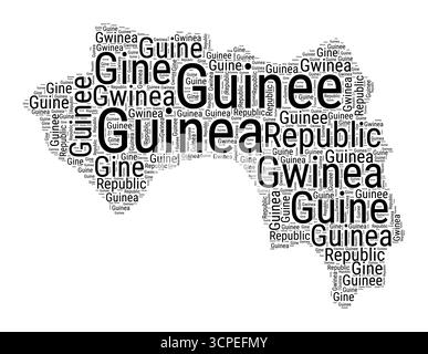 Nuvola di parole in bianco e nero a forma di Guinea. Semplice illustrazione del paese in stile tipografico. Nuvola di testo nero Guinea su sfondo bianco. Illustrazione Vettoriale