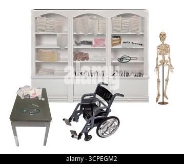 Forniture mediche per la cura delle lesioni di un paziente in sedia a rotelle Foto Stock