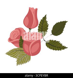 Due eleganti rose rosa polverose e un bocciolo con rami e foglie. Illustrazione vettoriale su sfondo bianco. Illustrazione Vettoriale