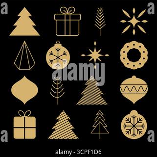 Icone e elementi geometrici natalizi minimal dorati su sfondo nero. Illustrazione Vettoriale