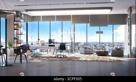 Design moderno degli interni del CEO Executive Office con vista panoramica sulla città, mobili di lusso e finestre a tutta altezza Foto Stock