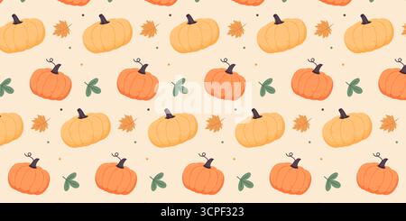 Stile disegnato a mano motivo senza cuciture con zucche arancioni e gialle, foglie verdi ed elementi autunnali Illustrazione Vettoriale