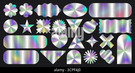 Set di adesivi olografici Y2K con sfumature arcobaleno metallizzate - fiori e cuori, stelle e forme geometriche con finitura cromata iridescente. Etichetta alla moda per design nostalgici o estetica digitale. Illustrazione Vettoriale