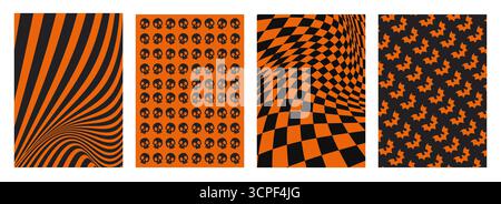 Set di schemi psichedelici per l'illusione di Halloween. Illustrazione vettoriale di sfondo ondulato e scacchiato nero-arancione astratto, teschio vertiginoso e pipistrello, grafica ipnotica, effetto di movimento senza cuciture Illustrazione Vettoriale