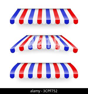 Scopri la tendina parasole. Tende da caffè a righe realistiche. Tenda all'aperto del mercato. Tettoia del tetto in colori bandiera francese. Negozio estivo. Illustrazione vettoriale. Illustrazione Vettoriale