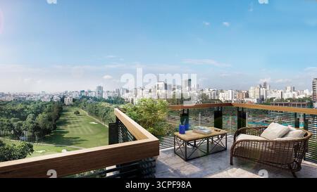 Moderna terrazza giardino sul tetto con divano letto sospeso e vista sulla città Foto Stock