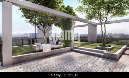 Moderna terrazza giardino sul tetto con divano letto sospeso e vista sulla città Foto Stock
