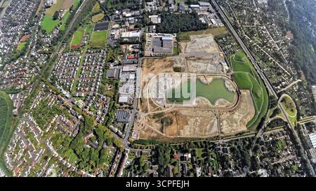 Foto aerea, cantiere ISEK Hillerheide progetto di sviluppo urbano, ex cantiere di conversione e costruzione di binari per trotto, globo terrestre, fishe Foto Stock