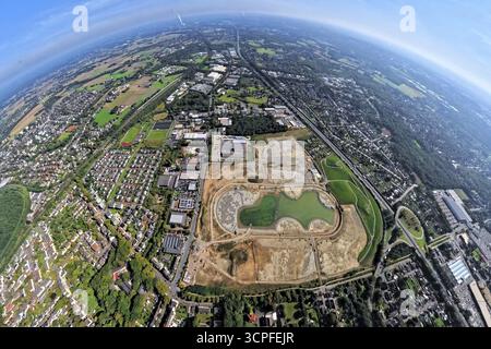 Foto aerea, cantiere ISEK Hillerheide progetto di sviluppo urbano, ex cantiere di conversione e costruzione di binari per trotto, globo terrestre, fishe Foto Stock