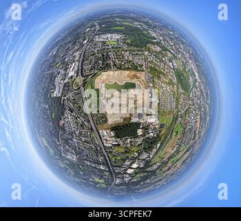 Foto aerea, cantiere ISEK Hillerheide progetto di sviluppo urbano, ex cantiere di conversione e costruzione di binari per trotto, globo terrestre, fishe Foto Stock