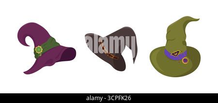 Set di cartoni animati cappelli da strega. Cappelli magici decorati in diverse forme e colori con pipistrello, trifoglio, ragnatela. Illustrazione vettoriale per le festività di Halloween Illustrazione Vettoriale