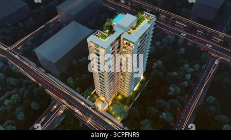 Alto edificio di appartamenti di lusso con servizi sul tetto di notte, circondato da sentieri a semaforo della città Foto Stock