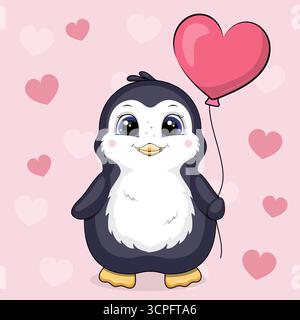 Carino Pinguino cartoni animati con palloncino a forma di cuore. Illustrazione vettoriale di un animale su sfondo rosa con cuori. Illustrazione Vettoriale