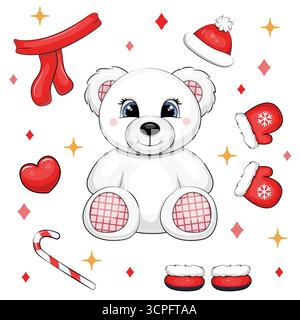 Carino orso bianco cartoni animati con abiti invernali. Immagine vettoriale di Natale di un animale con sciarpa, guanti, cappello, scarpe e canna da zucchero. Illustrazione Vettoriale