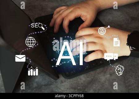 Le donne usano la potenza dell'intelligenza artificiale su un tablet digitale. Concetto di chat ai. Intelligenza artificiale. Trasformazione tecnologica futuristica. Foto Stock