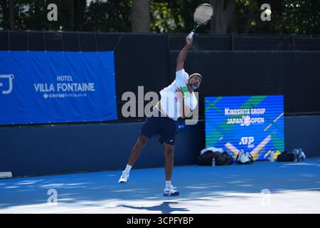 Tokyo, Giappone. 26 settembre 2025. L'indiano Rohan Bopanna e il giapponese Takeru Yuzuki durante la sessione di prove in vista del loro prossimo match di doppio maschile del secondo turno dell'ATP500 Kinoshita Group Japan Open Tennis Championships 2025. Crediti: Ranjith Kumar/AFLO/Alamy Live News Foto Stock