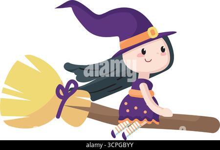 Strega che vola sull'icona piatta del cartone animato vettoriale delle scopa Illustrazione Vettoriale
