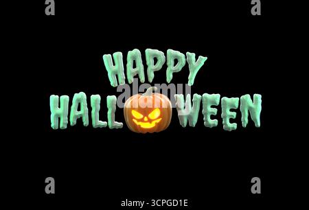 Testo spaventoso "Happy Halloween" con una zucca luminosa che sostituisce la "o" su sfondo nero nell'illustrazione 3D. Foto Stock