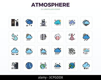 Pacchetto strategico con 24 icone vettoriali che rappresentano l'atmosfera in formato LineFill, ottimizzato con 128x128 PIXEL qualità perfetta per i professionisti Illustrazione Vettoriale