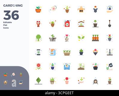 Migliora i tuoi progetti con 36 icone vettoriali piatte ispirate al giardinaggio, con risoluzione perfetta da 128x128 PIXEL, ideale per un ambiente pulito e professionale Illustrazione Vettoriale