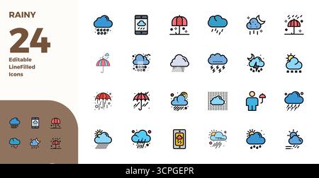 Toolkit completo di 24 icone vettoriali incentrate sulla pioggia, sviluppato in Duotone con 128x128 PIXEL precisione perfetta per applicazioni di design versatili Illustrazione Vettoriale