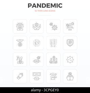 Collezione contemporanea di 16 icone vettoriali che rappresentano la pandemia nell'estetica Thin Outline, con risoluzione perfetta di 128 x 128 PIXEL per applicazioni moderne Illustrazione Vettoriale