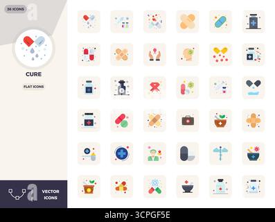 Raccolta ad alte prestazioni di 36 icone vettoriali piatte per la polimerizzazione, progettata con risoluzione perfetta da 128 x 128 PIXEL per un design ottimale dell'interfaccia utente. Illustrazione Vettoriale