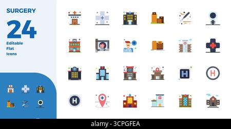 Sbloccare 24 icone vettoriali Flat PIXEL Perfect ispirate alla chirurgia, ottimizzate in formato 128x128 per una visualizzazione impeccabile su tutti i dispositivi. Illustrazione Vettoriale