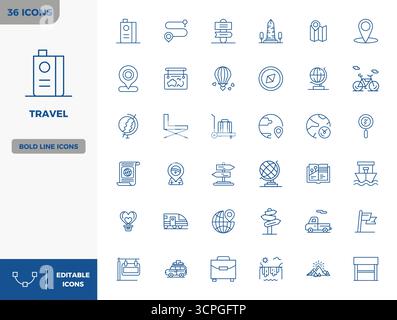 Collezione esclusiva di 36 icone vettoriali Heavy Line per viaggi, sviluppate con risoluzione perfetta da 128 x 128 PIXEL per esperienze di marca di livello premium. Illustrazione Vettoriale