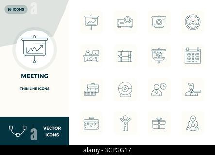 Esplora le 16 icone vettoriali PIXEL Perfect con risoluzione 128x128 ispirate alle riunioni. Perfetto per interfacce Web e app. Illustrazione Vettoriale