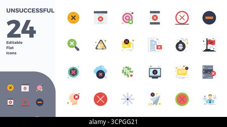 Icone vettoriali perfette da 24 PIXEL progettate in modo intelligente ispirate al fallimento, create in formato piatto 128x128 per un lavoro di progettazione intelligente ed efficiente Illustrazione Vettoriale