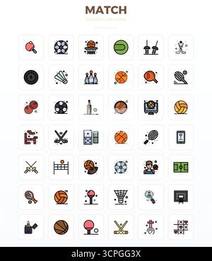Eccezionale raccolta di 42 icone vettoriali LineFill per Match, disponibile in risoluzione perfetta da 128 x 128 PIXEL per un'eccellenza visiva senza precedenti e negli stati uniti Illustrazione Vettoriale