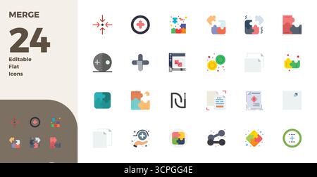 Sblocca 24 icone vettoriali Flat PIXEL Perfect ispirate a Merge, ottimizzate in formato 128x128 per una visualizzazione impeccabile su tutti i dispositivi. Illustrazione Vettoriale