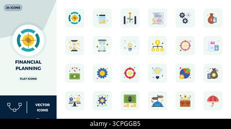Pacchetto all'avanguardia con icone vettoriali perfette da 24 PIXEL ispirate alla pianificazione finanziaria, creato in formato piatto 128x128 per la prossima generazione Illustrazione Vettoriale