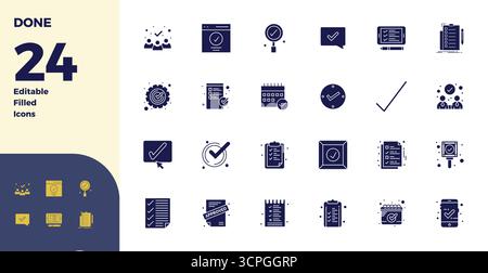 Pacchetto completo con 24 icone vettoriali in un design riempito di glifo per Done, con una qualità perfetta di 128 x 128 PIXEL. Illustrazione Vettoriale
