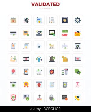 Pacchetto all'avanguardia con icone vettoriali perfette da 42 PIXEL ispirate a Validated, creato in formato minimale Flat a 128x128 per i di nuova generazione Illustrazione Vettoriale