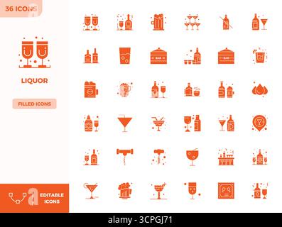Raccolta ad alte prestazioni di 36 icone vettoriali piene per Liquor, progettata con risoluzione perfetta da 128x128 PIXEL per un design ottimale dell'interfaccia utente. Illustrazione Vettoriale