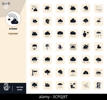 Pacchetto completo con 42 icone vettoriali in un design pieno per Storm, con una qualità perfetta di 128 x 128 PIXEL. Illustrazione Vettoriale