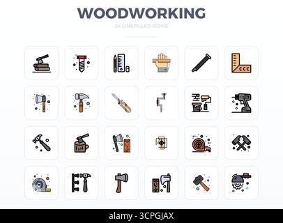 Raccolta ad alte prestazioni di 24 icone vettoriali LineFill per la lavorazione del legno, progettata con risoluzione perfetta di 128x128 PIXEL per un'interfaccia utente ottimale d Illustrazione Vettoriale