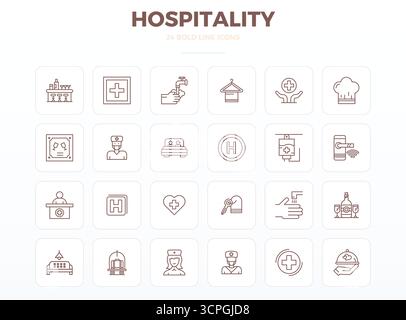 Pacchetto completo di 24 icone vettoriali incentrate sul settore alberghiero, con design accattivante in 128 x 128 PIXEL, qualità perfetta per le interfacce moderne Illustrazione Vettoriale