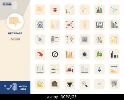 Collezione esclusiva di 36 icone vettoriali piatte per la riduzione, sviluppata con risoluzione perfetta da 128 x 128 PIXEL per esperienze di marca di livello premium. Illustrazione Vettoriale