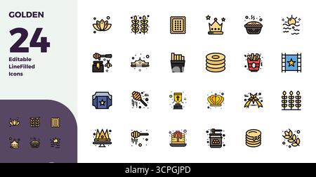 Icone vettoriali perfette da 24 PIXEL progettate in modo intelligente ispirate a Golden, create in formato Duotone a 128x128 per flussi di lavoro di progettazione intelligenti ed efficienti Illustrazione Vettoriale