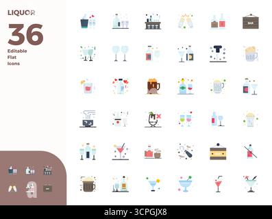 Collezione professionale di 36 icone vettoriali piatte che rappresentano Liquor, realizzate con 128x128 PIXEL precisione perfetta per le applicazioni aziendali. Illustrazione Vettoriale