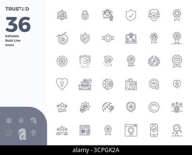 Pacchetto vettoriale con 36 icone Bold Line PIXEL Perfect ispirate a Trusted, con risoluzione 128 x 128, ideale per lavori di progettazione scalabili e creativi. Illustrazione Vettoriale