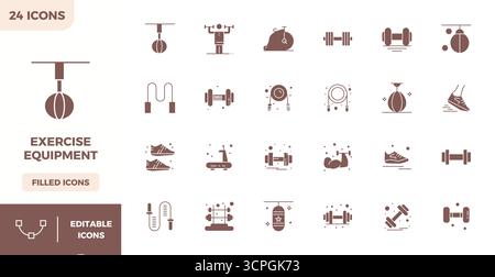 24 icone vettoriali create in modo magistrale che rappresentano le attrezzature da ginnastica in un design pieno, con una risoluzione perfetta di 128x128 PIXEL per un'esperienza visiva eccezionale Illustrazione Vettoriale