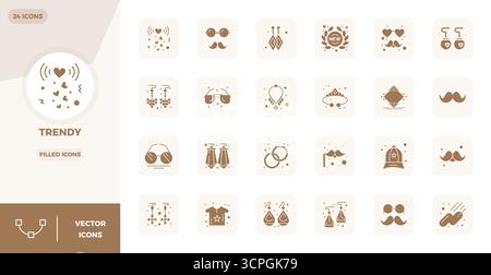 Un set dinamico di 24 icone vettoriali riempite, personalizzate per la moda con una qualità perfetta di 128x128 PIXEL, ideale per i prodotti digitali. Illustrazione Vettoriale
