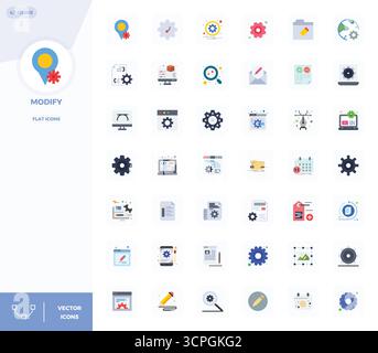 Confezione curata di 42 icone vettoriali 128x128 con design piatto, incentrata sulla modifica dei concetti con una nitidezza perfetta DEI PIXEL. Illustrazione Vettoriale